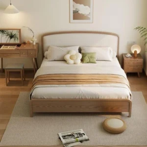 Modern Wooden Bed Frame with Soft Upholstered Headboard