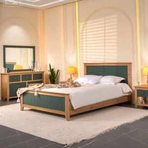 Modern Wooden Bed Frame with Green Panel Design