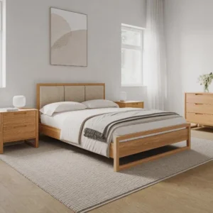 Contemporary Wooden Bed Frame with Upholstered Headboard