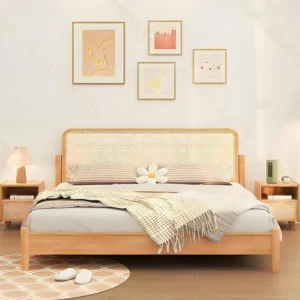 Wooden Bed Frame with Rattan Headboard and Matching Nightstands