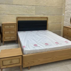 Modern Wooden Bed Frame with Rattan Nightstands