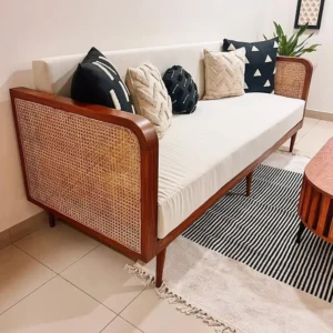 Elegant Sofa with Rattan Sides and Wooden Frame